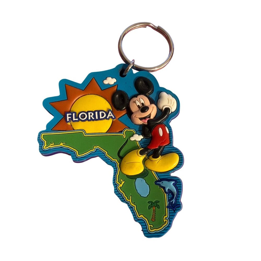 Disney Florida Map Mickey Mouse Rubber Keychain Lasercut Sunshine 4.25"